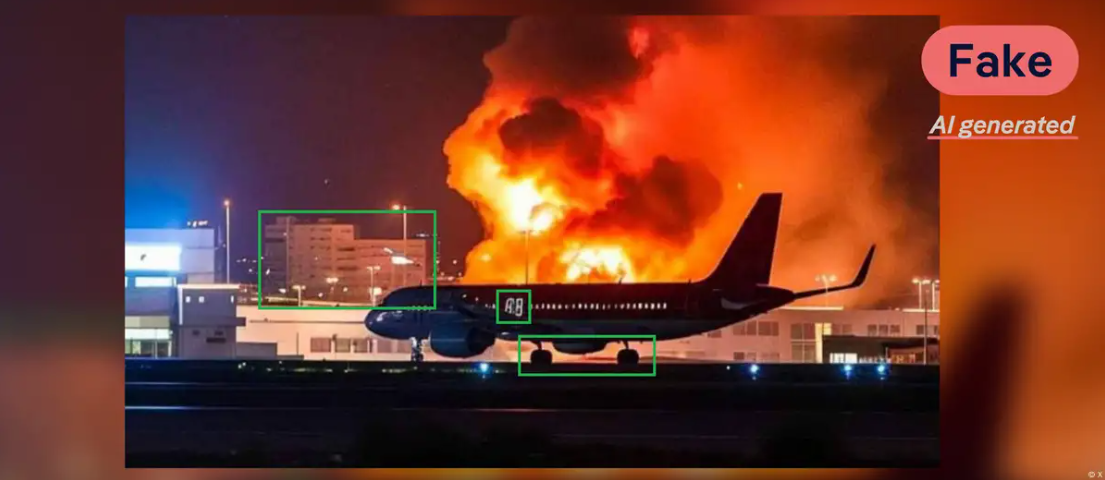 A digitally created image supposedly showing an aircraft landing at Beirut International Airport, amidst a backdrop of buildings with distorted features, falsely claiming to depict an Israeli attack.